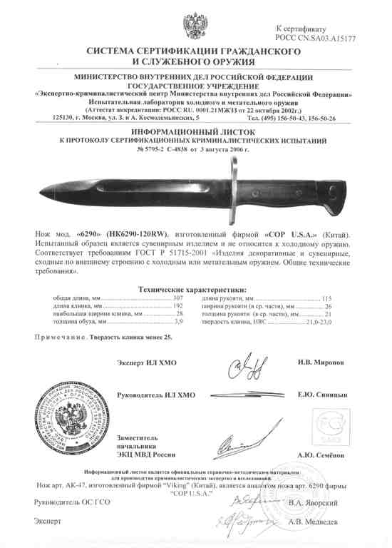 Сертификат на штык нож ак 47